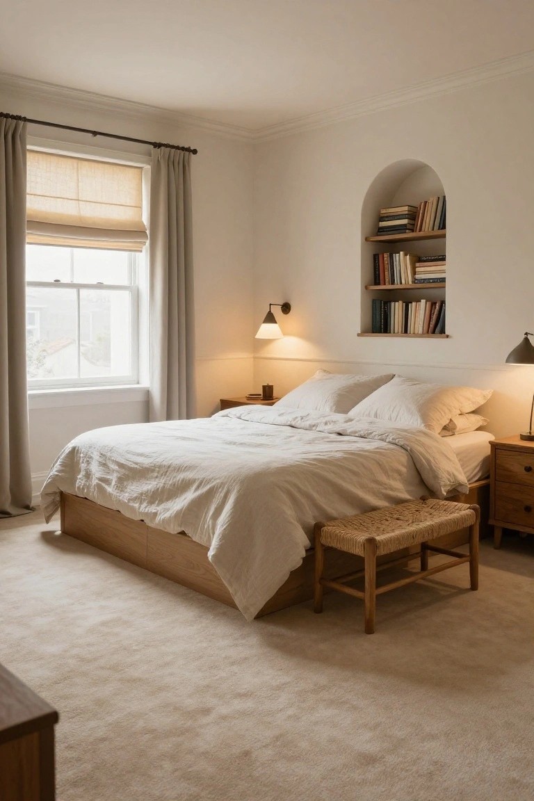 Bedroom with platform bed on light beige carpeted floor, white linens, wooden nightstands and bench, arched wall niche with bookshelves, window with roman shade and curtains, and wall lamps.