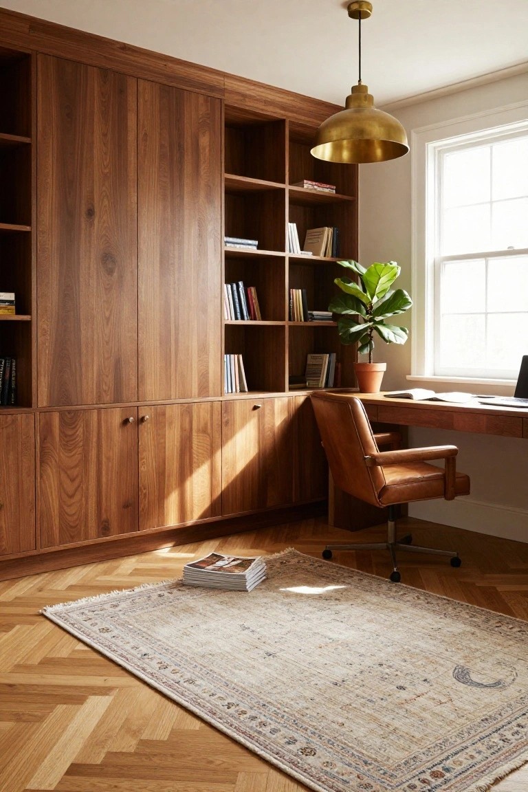 Corner home office with tall walnut built-in bookshelves and cabinets, open shelves holding books, tan leather desk chair at wooden desk, gold pendant light hanging above, potted fiddle leaf fig plant by window, stack of magazines on herringbone parquet oak floor, and light-colored Persian-style rug.