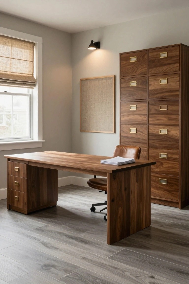 Home office interior with walnut desk, tan leather desk chair on wheels, tall walnut file cabinet with brass pulls, light gray wood plank flooring, beige walls, window with bamboo shade, and wall-mounted light.