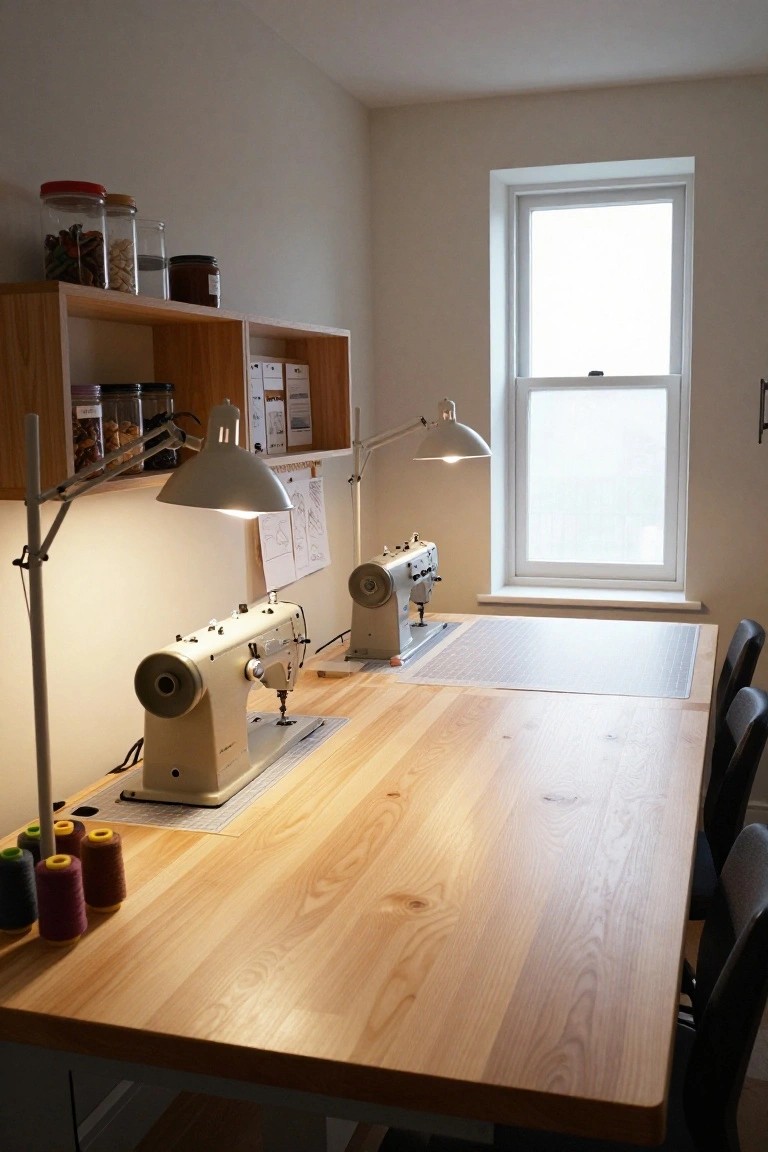A basement sewing room featuring two sewing machines on a large light wood workbench, a gray cutting mat, spools of thread, adjustable lamps, wooden shelves with jars, and chairs around the table.