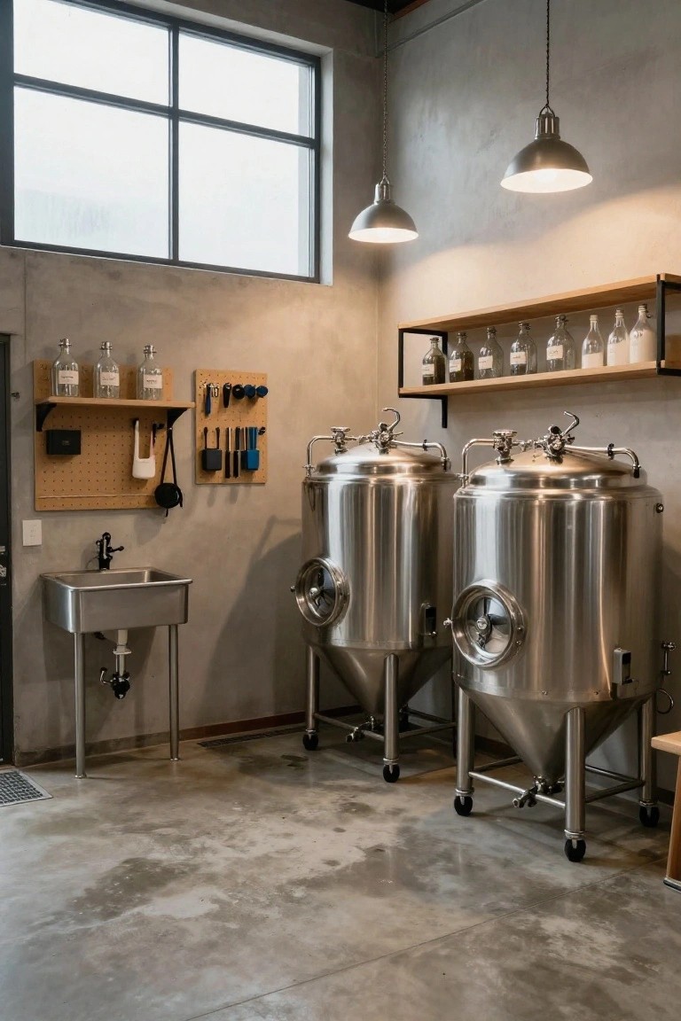 Industrial interior room with two tall stainless steel tanks on wheels, a stainless steel sink on a stand, wooden shelves holding glass bottles, pegboards with tools, and a polished gray concrete floor.