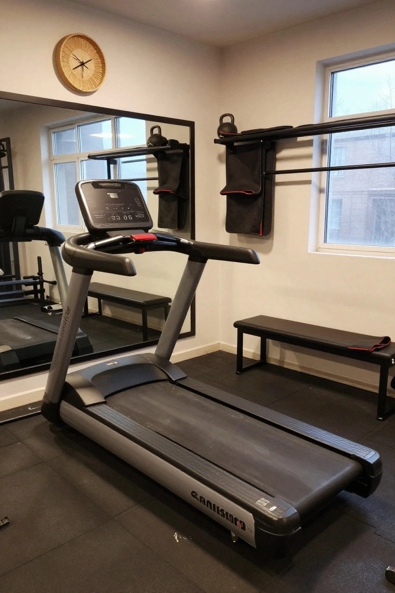 Basement gym with black rubber tile flooring, a gray treadmill, wall-mounted kettlebell rack and shoe holders, full-length mirror, and black bench.