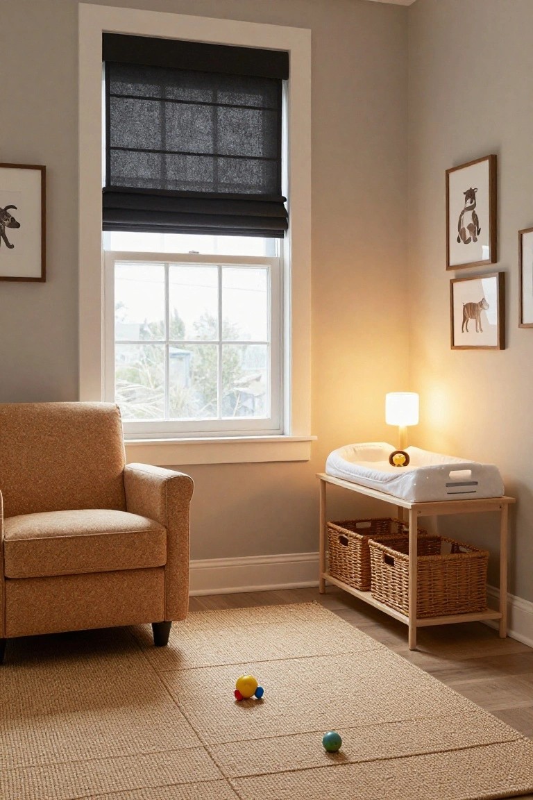Nursery corner with beige walls, a window with black blinds overlooking trees, orange armchair, white changing table on wooden stand with wicker baskets below, lamp, framed animal art, and seagrass rug on light wood floors with red, yellow, green, and blue toy balls on it.