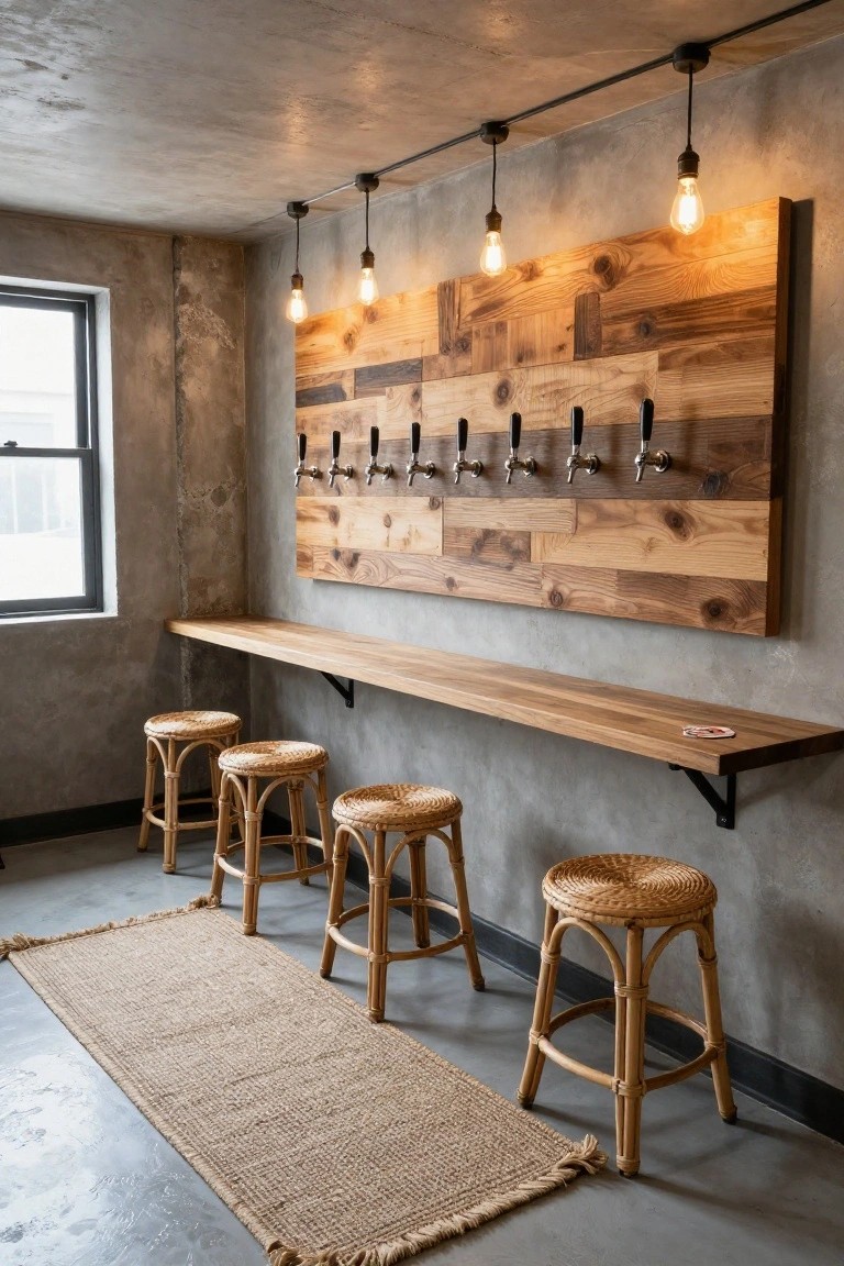 Basement bar area featuring a wooden wall with eight beer taps, wooden bar counter supported by brackets, four rattan bar stools, fringed seagrass rug on polished concrete floor, exposed concrete walls, and hanging exposed-bulb pendant lights.