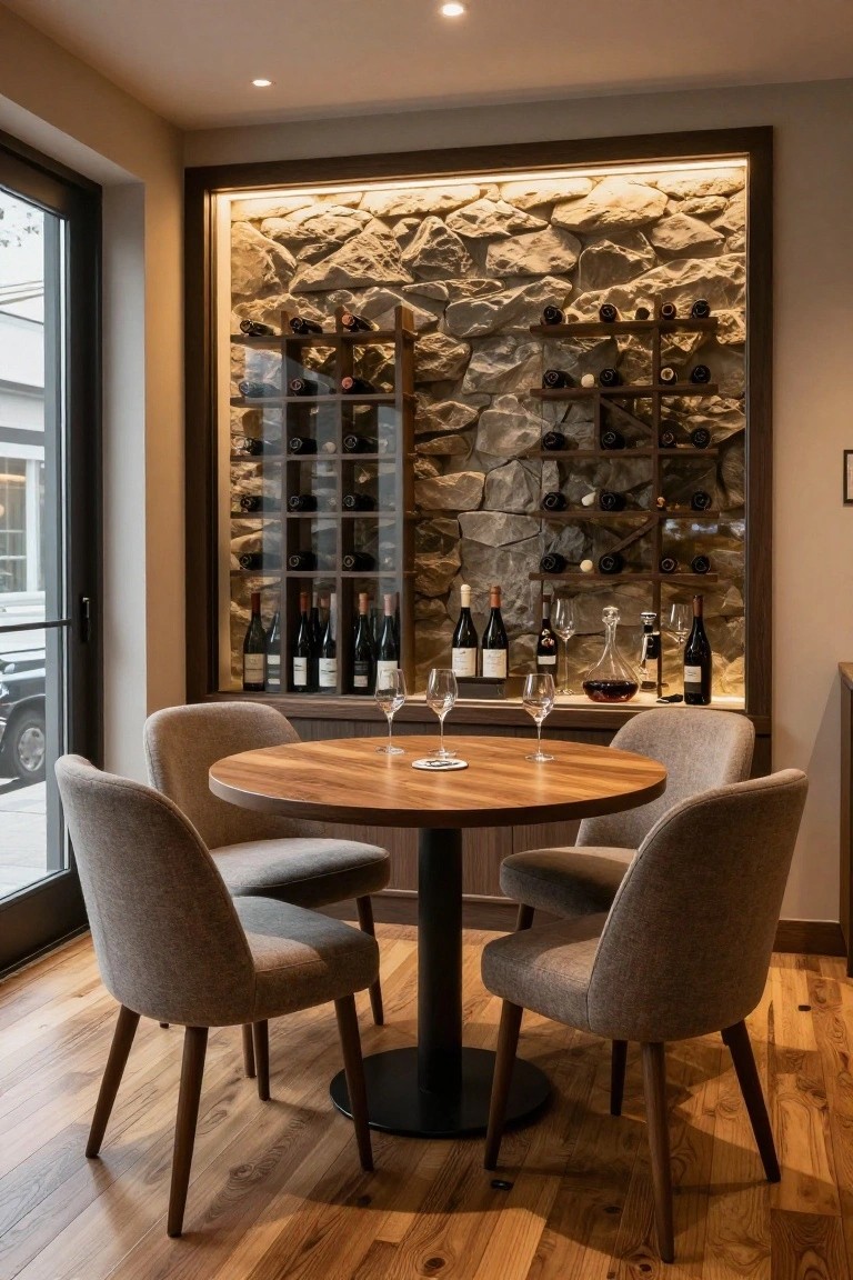 Cozy interior room featuring a round wooden table with four gray upholstered chairs on warm-toned hardwood plank flooring, beside a backlit stone wall with wooden wine racks holding bottles and glasses, and a glass door to the outside.