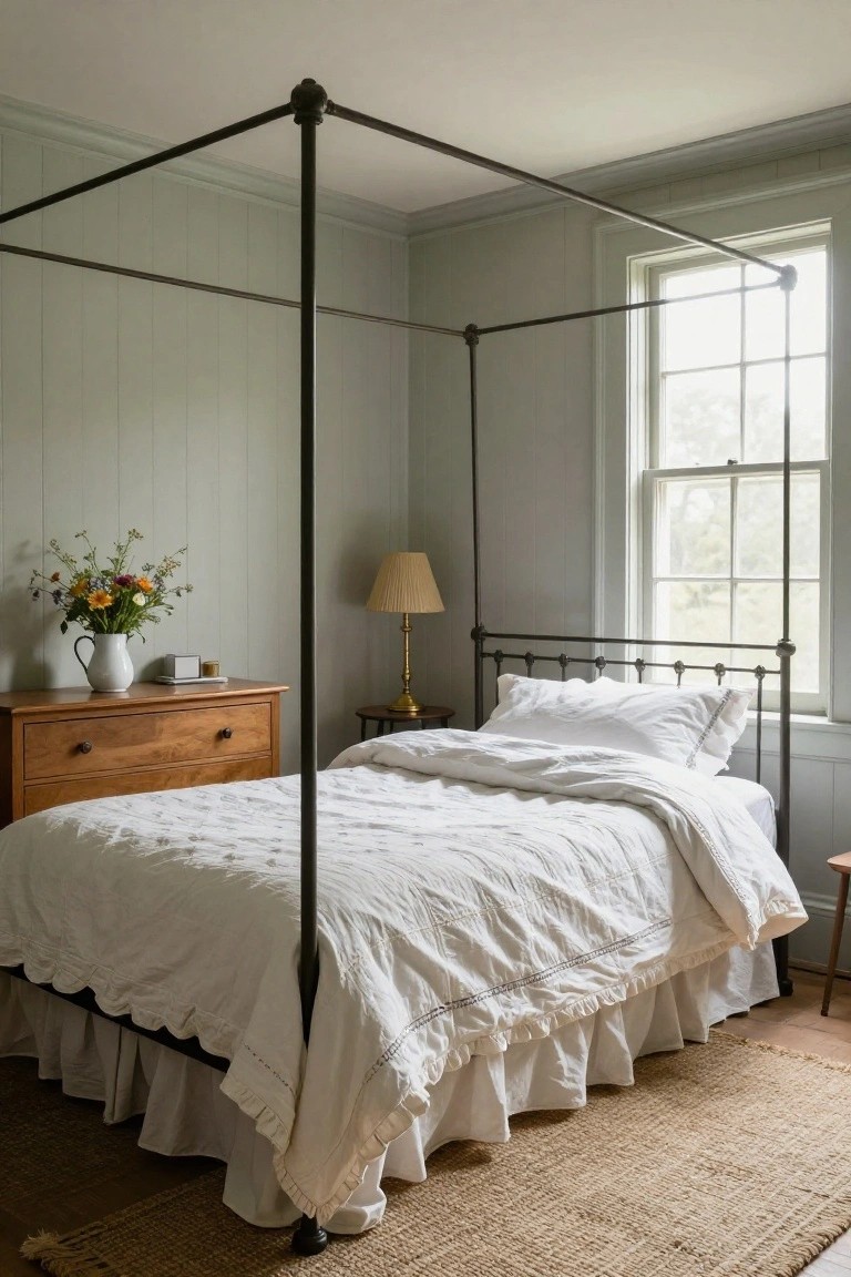 A bedroom with a black iron four-poster bed covered in white linens and skirt, next to a wooden dresser holding a white vase of flowers and a lamp, in a room with pale green paneled walls and a large window.