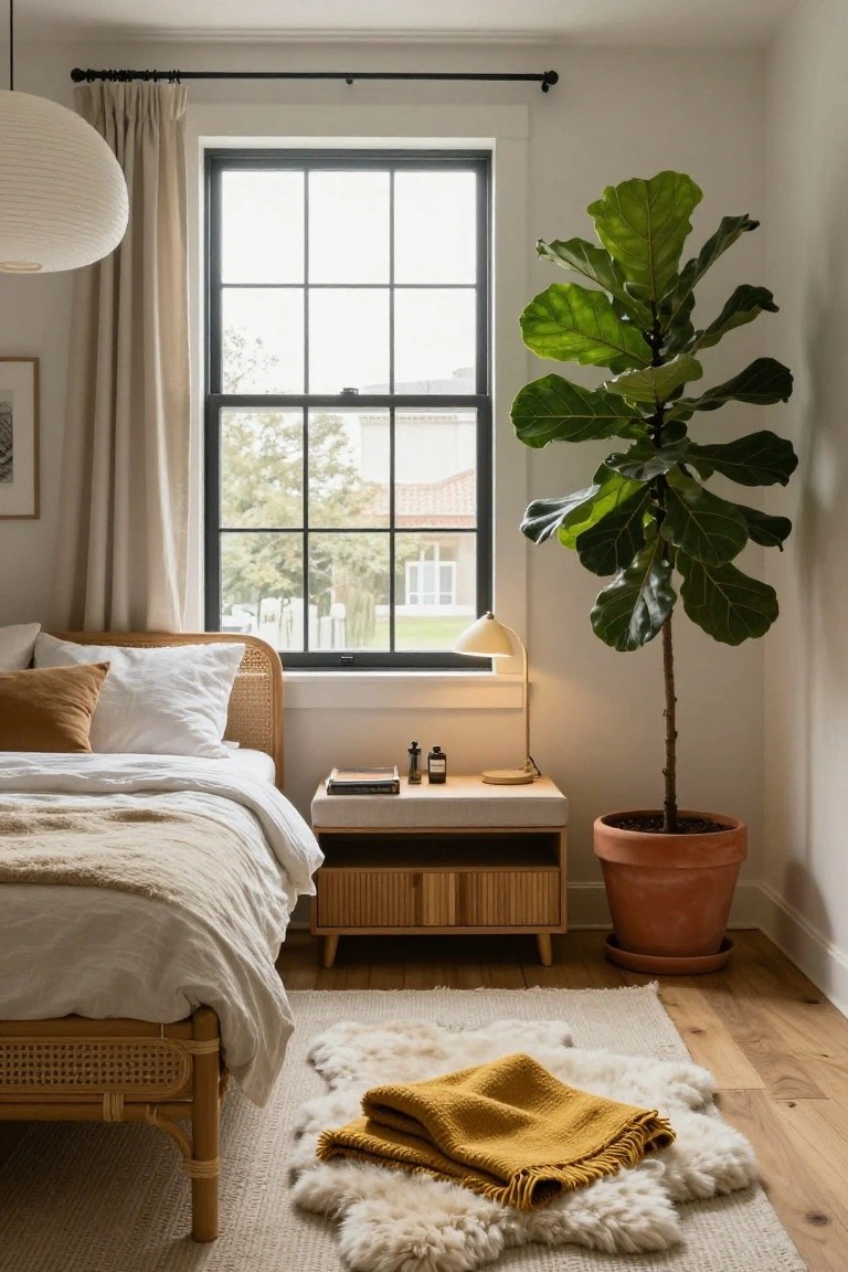 Bedroom interior with rattan bed frame, white and beige bedding, yellow woven throw and sheepskin rugs on wood floor, wooden nightstand with lamp and books, large fiddle leaf fig plant in terracotta pot in corner by black-framed window with beige curtains.