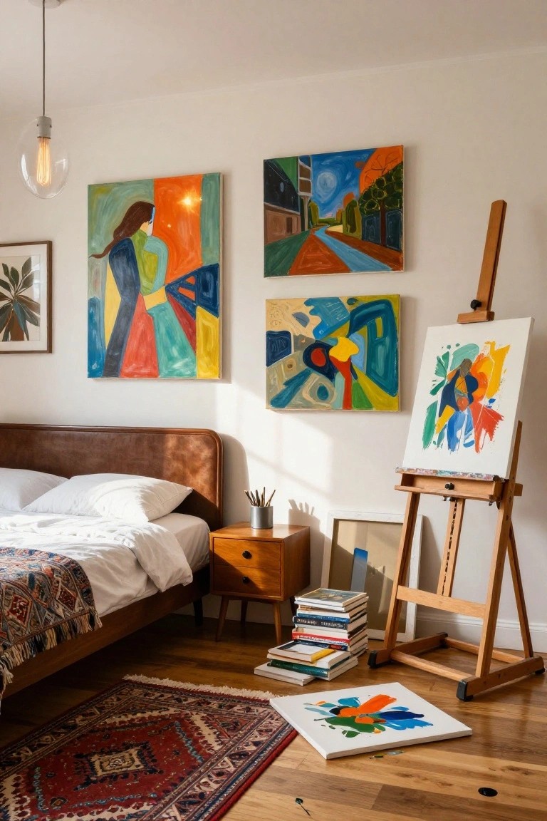 Bedroom interior with mid-century wooden bed topped by white bedding and patterned throw, colorful abstract paintings on white walls, wooden easel holding unfinished painting, nightstand with books and brushes, Persian rug on hardwood floor.