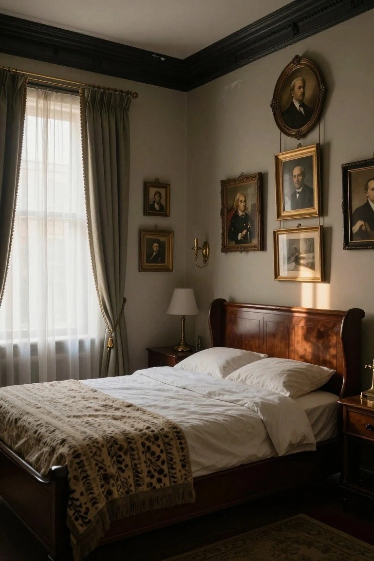 Gray bedroom corner with dark wood sleigh bed, white pillows and duvet with patterned throw, walls covered in antique portrait paintings in gold and black frames, sheer gray curtains on window, brass lamps on bedside tables.