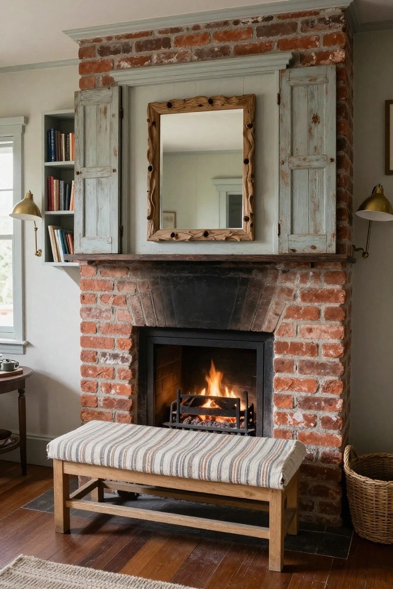 Interior room featuring a lit brick fireplace with a wooden bench upholstered in striped fabric positioned directly in front, antique green shutters with a wood-framed mirror above, bookshelves to the side, wall lamps, and a wicker basket nearby.