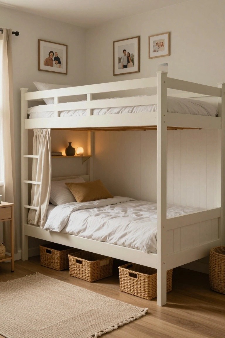 White wooden bunk bed in a neutral bedroom with beige curtains enclosing the lower bed, a shelf with vase and light underneath, wicker baskets for storage below, and family photos on walls.