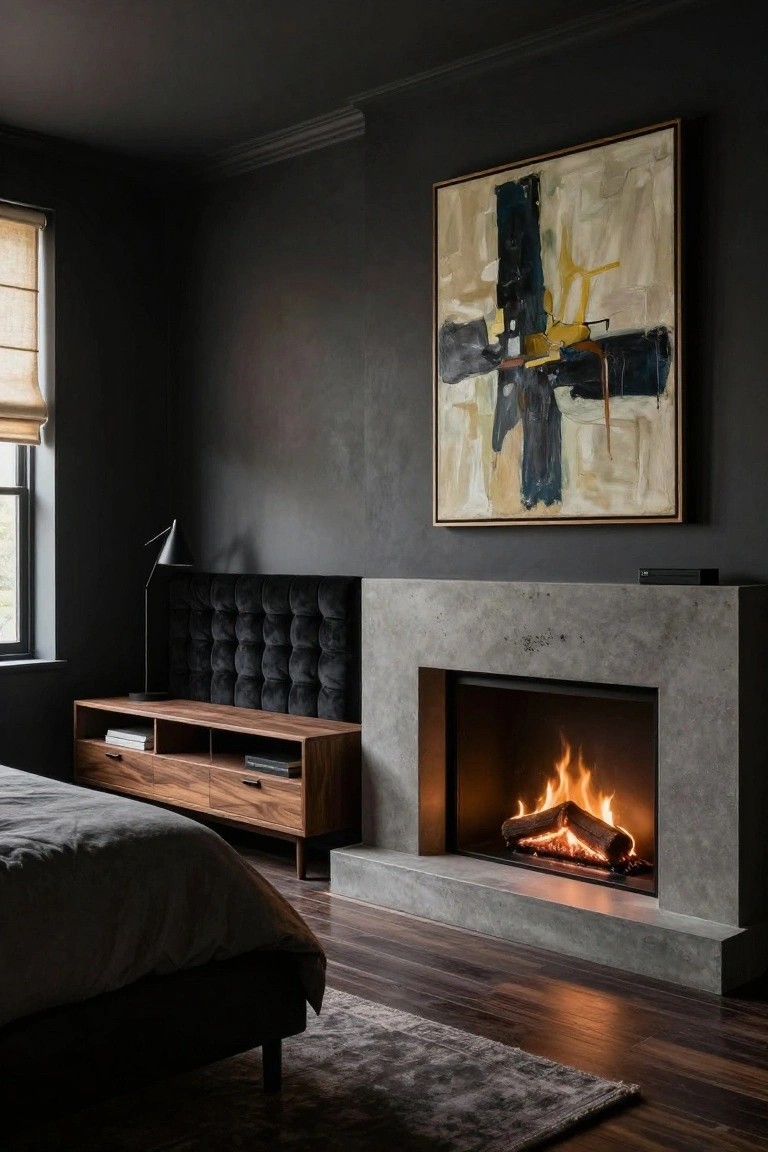 Dark bedroom with built-in concrete fireplace burning logs, tufted black headboard on bed, wooden TV stand, and large abstract painting on wall.