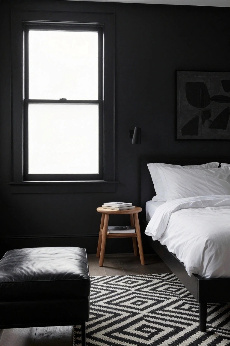 Bedroom interior with black walls, large window with white light, black bed frame with white duvet and pillows, wooden stool holding stacked books, black leather ottoman, black wall sconce, and black-and-white zigzag rug on wood floor.
