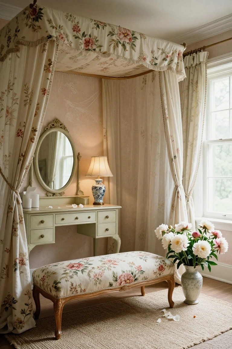 Elegant vanity area with floral curtains, a lamp, a mirror, and a flower arrangement.