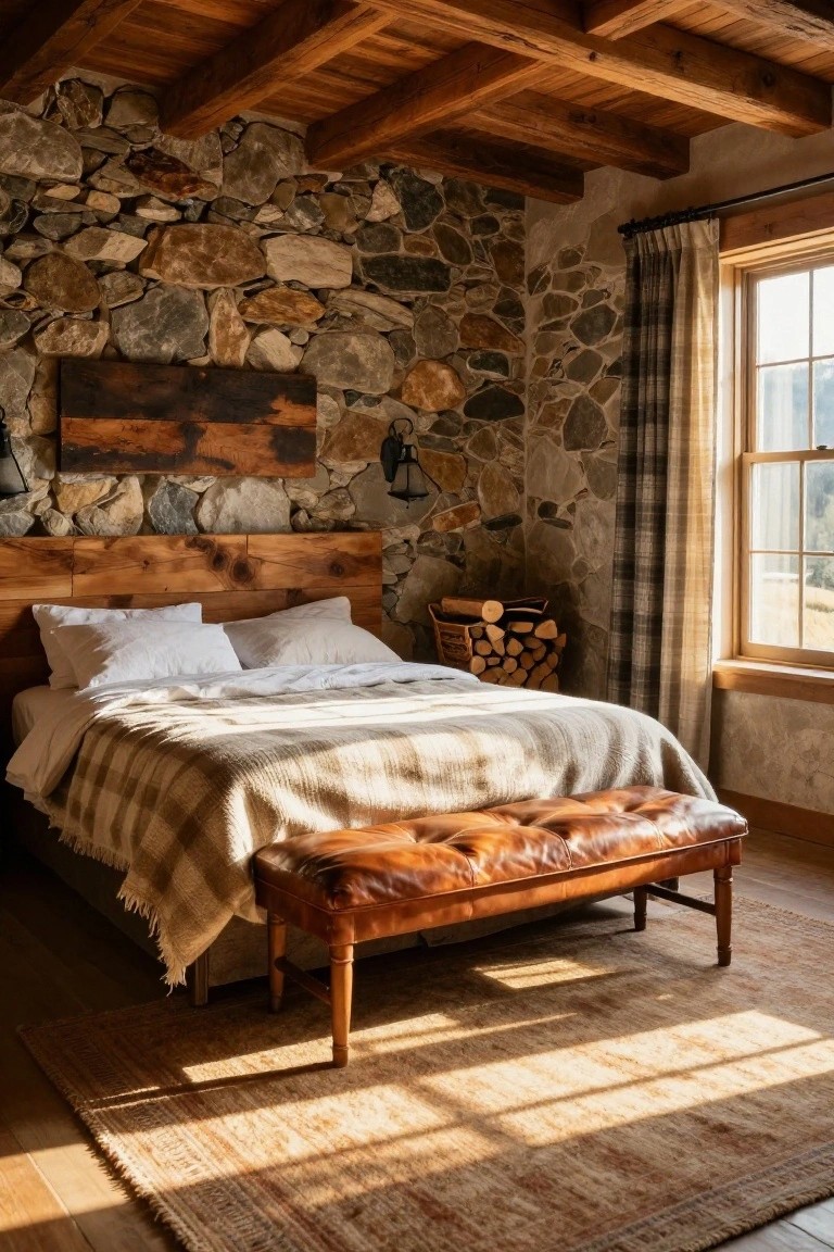 Cozy bedroom with exposed stone accent wall, wooden beamed ceiling and headboard, white bedding on platform bed, plaid throw blanket, leather bench at foot of bed, firewood basket, plaid window curtains, and wall sconces.