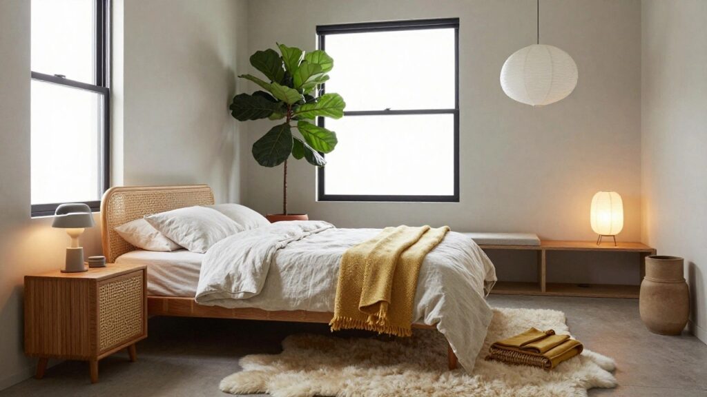 Bedroom interior with rattan bed frame, white and beige bedding, yellow woven throw and sheepskin rugs on wood floor, wooden nightstand with lamp and books, large fiddle leaf fig plant in terracotta pot in corner by black-framed window with beige curtains.