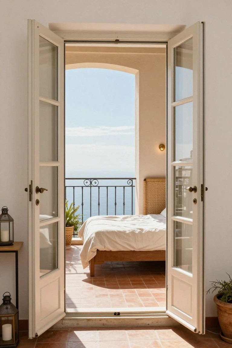 Open white French doors from a light bedroom with rattan bed and neutral linens to a balcony overlooking the sea, featuring terracotta tiles, plants, and lanterns.