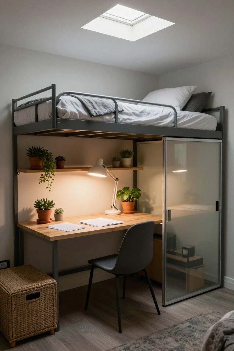 A compact bedroom with a gray metal loft bed above a wooden desk and ergonomic chair, plants on shelves, a sliding frosted glass wardrobe door, and natural light from a skylight.
