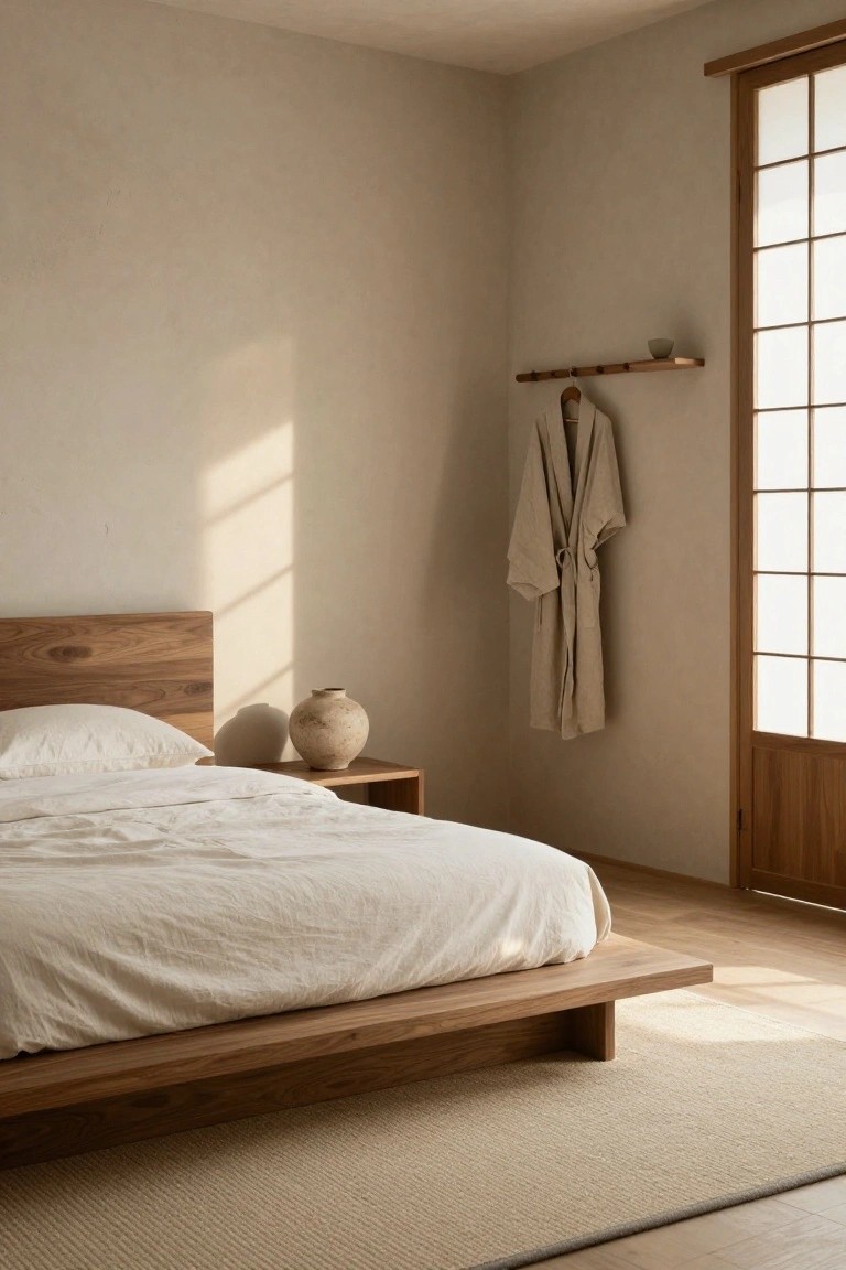 Minimalist bedroom with low wooden platform bed covered in white linens, wooden nightstand holding two ceramic vases, beige robe hanging on wooden rack near shoji screen window and door, beige walls and floor.
