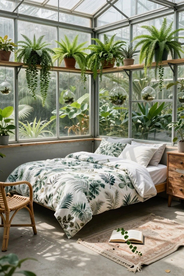 Cozy bedroom in a greenhouse, featuring tropical decor, plants, and earthy tones.
