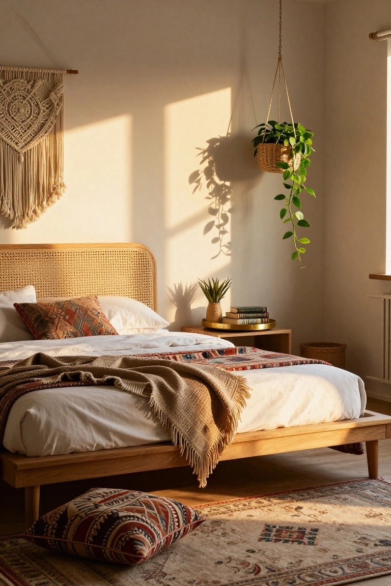 Sunlit bedroom with rattan headboard bed draped in layered neutral textiles and throws, macrame wall hanging, hanging basket plant, side table with books and vase, and floor pillows on a patterned rug.