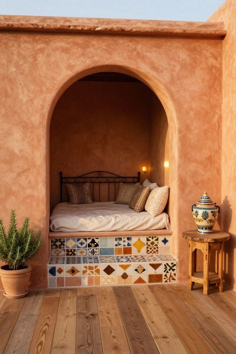 Recessed bed with pillows in a terracotta arched alcove on a wooden deck terrace, approached by colorful tiled steps, with potted plant and wooden side table holding a vase.