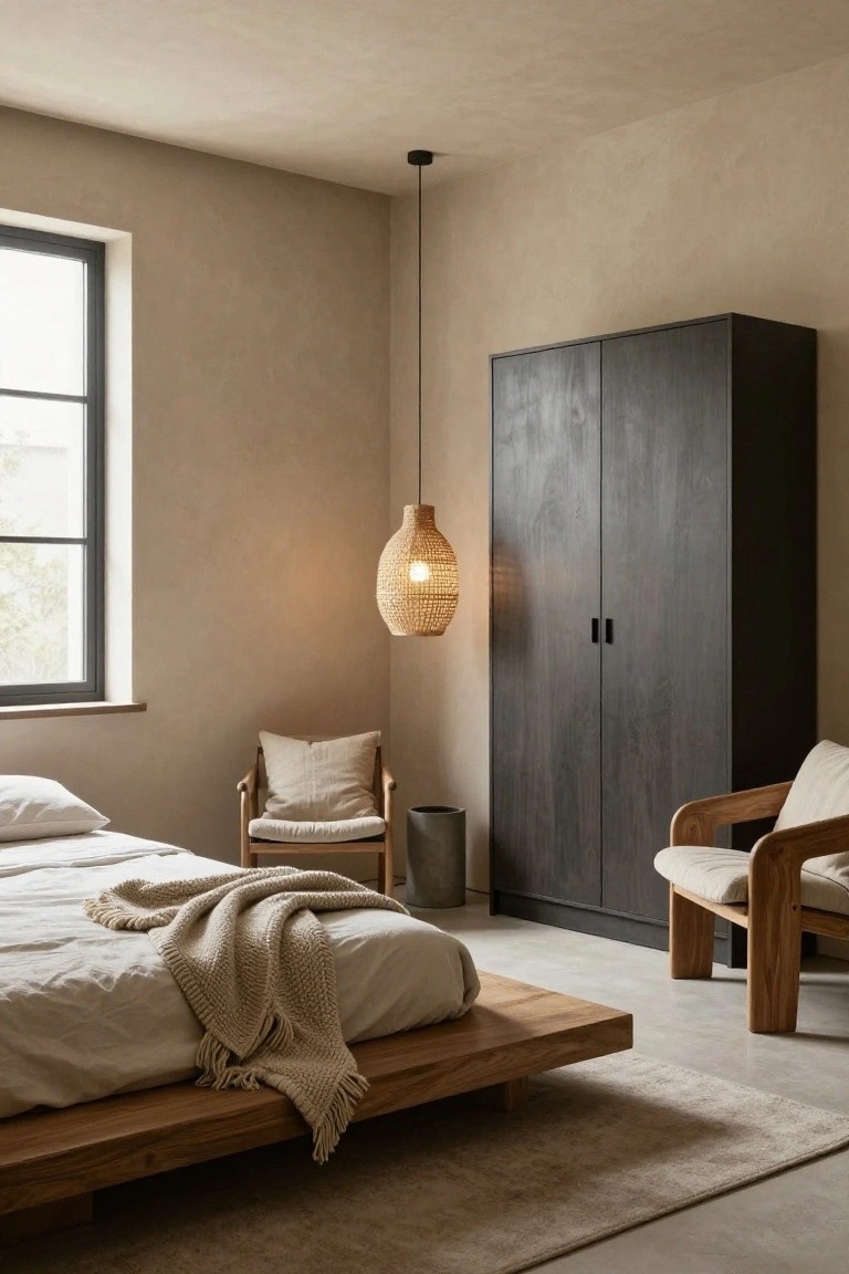 A bedroom with beige textured walls, low wooden platform bed with white sheets and beige throw, two wooden armchairs with beige cushions, tall dark wooden wardrobe, woven rattan pendant light, and large black-framed window.