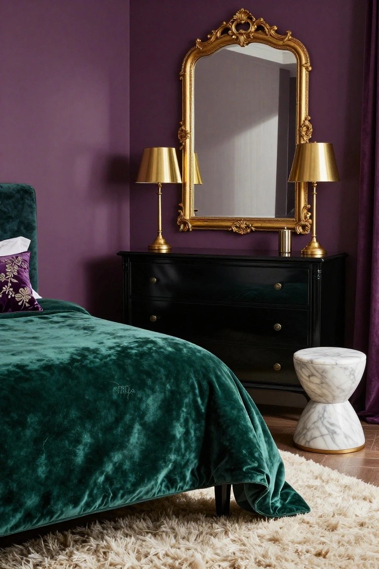 Bedroom corner with deep purple walls, emerald green velvet bed with purple pillows, black dresser, gold ornate mirror between two gold lamps, marble stool, and cream rug.