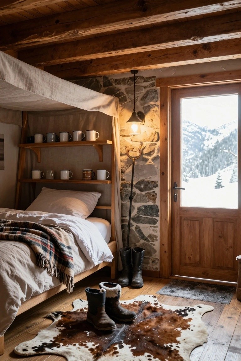 Rustic bedroom interior with exposed wooden beams on ceiling, stone walls, lofted bed with white canopy and plaid blanket, wooden shelves holding mugs, tall boots on cowhide rug, and wooden door with window showing snowy mountains.