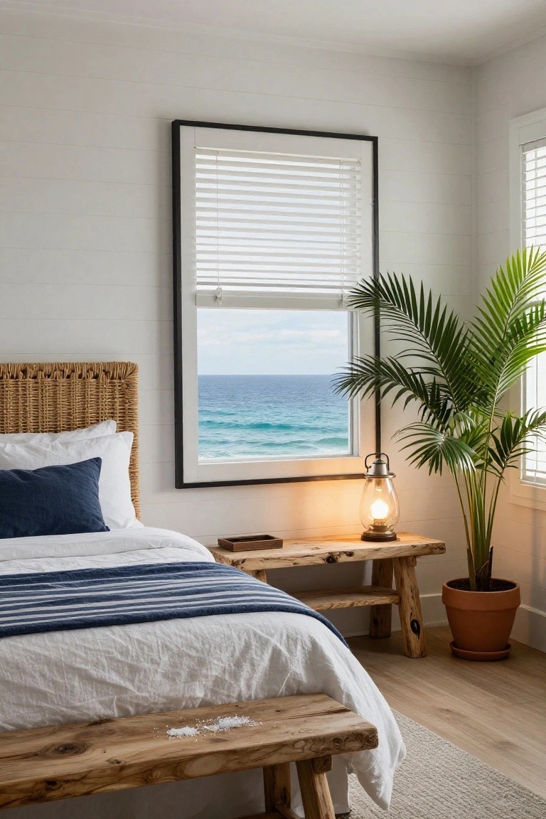 Bedroom with rattan headboard on bed dressed in white linens and navy striped throw, rustic wooden bench at foot of bed with salt crystals, potted palm plant, lantern lamp on wooden side table, and large window showing ocean view through white blinds.