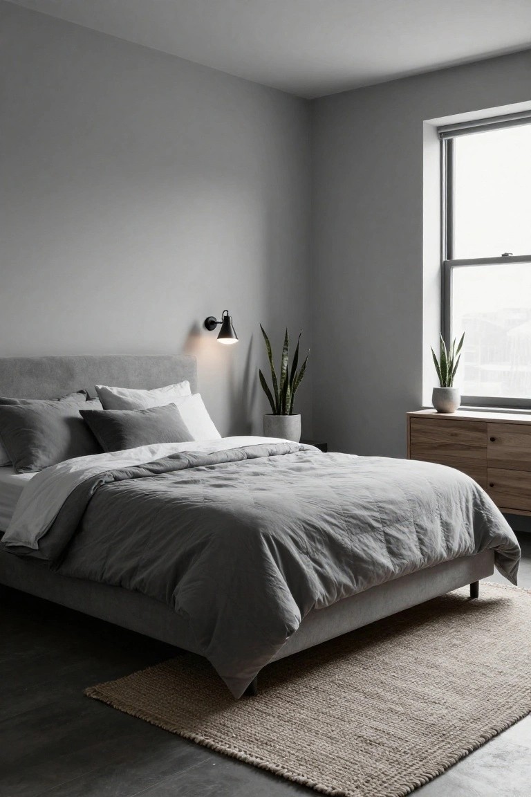 Gray upholstered bed with rumpled gray and white bedding in a corner bedroom with wooden dresser, potted snake plants, black wall lamp, and large window.