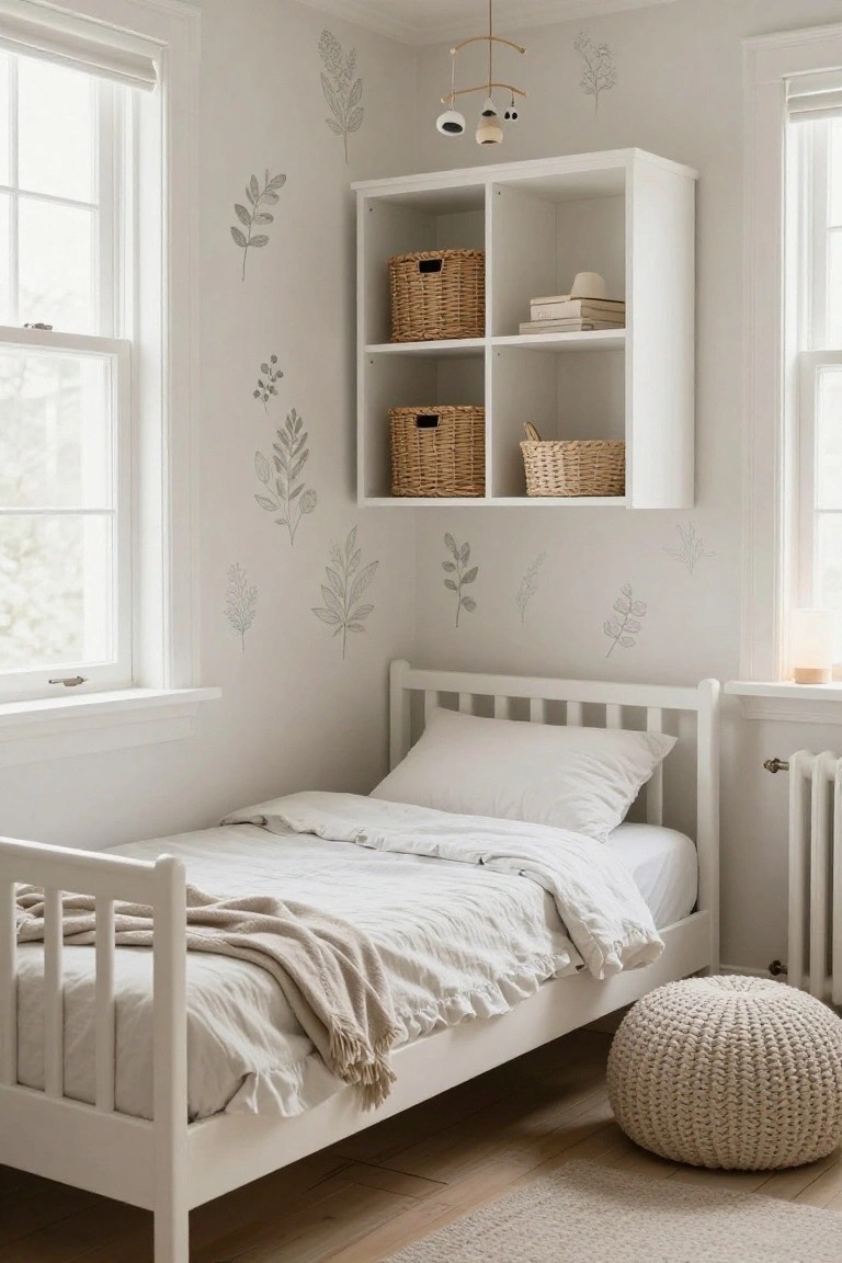 Pale child's bedroom with white single bed dressed in white sheets and cream throw, white open shelving unit holding woven baskets and stacked books, multiple leaf and botanical decals on walls, hanging mobile above, knit pouf on wood floor.
