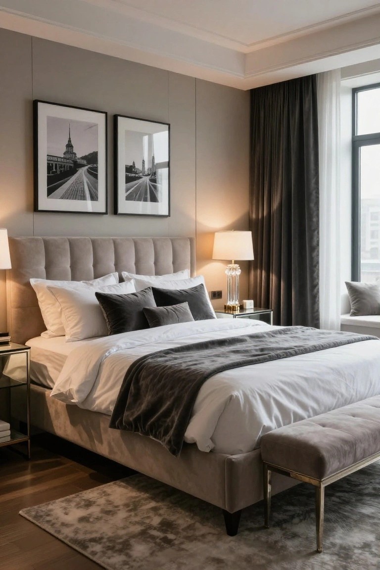 A modern bedroom with a tufted gray upholstered bed frame, white bedding accented by gray pillows and throw, two black-framed black-and-white photos of city bridges above the bed, glass nightstands with lamps, dark curtains on large windows, and a matching gray bench at the bed's foot on a wood floor with a light rug.