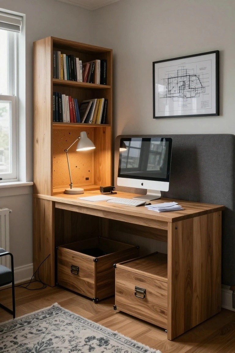 A wooden L-shaped desk unit with open bookshelves above the workspace, integrated corkboard and lamp, iMac computer, keyboard, papers, and two storage drawers below, positioned in a corner of a light gray bedroom with hardwood floors.
