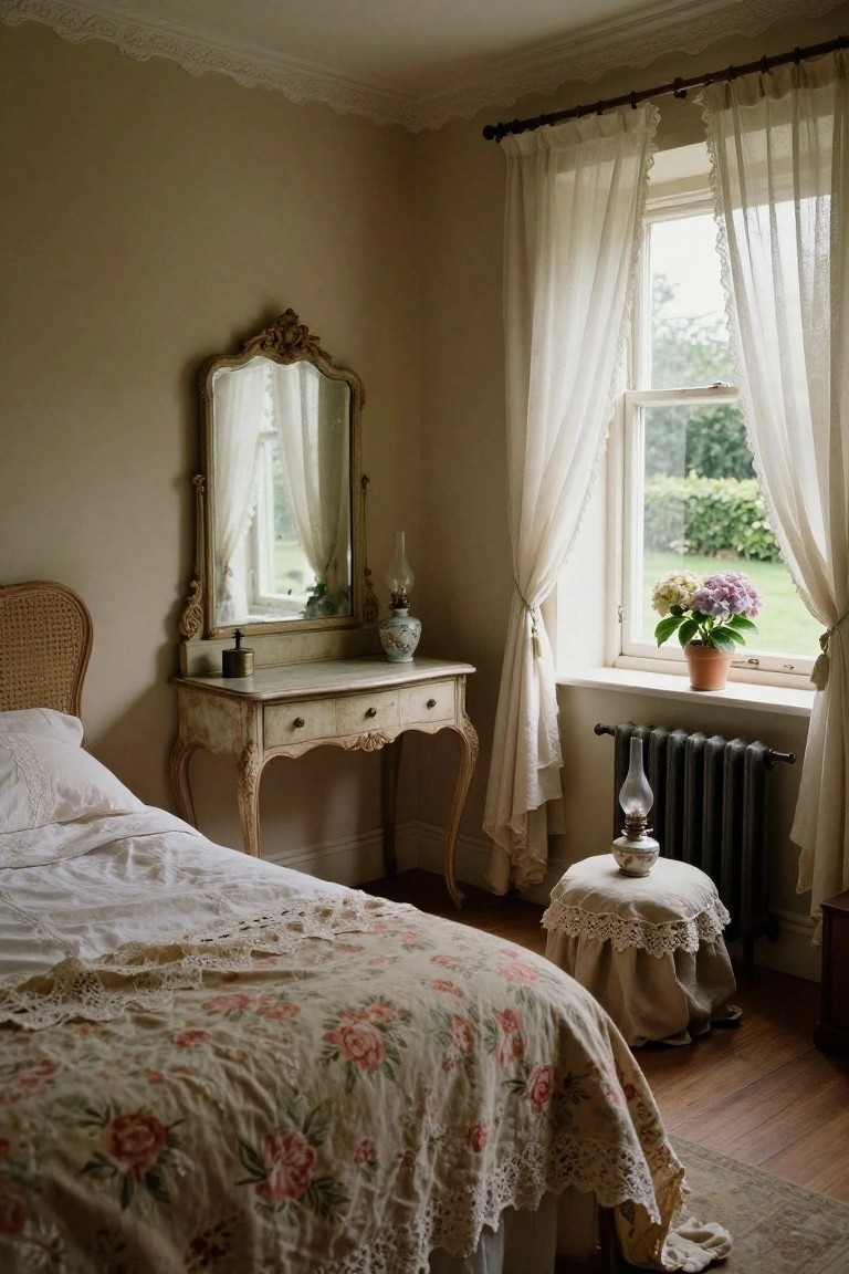 Beige-walled bedroom with white painted antique vanity table and gilded mirror, rattan headboard bed draped in white floral quilt and lace, sheer curtains on window with potted hydrangeas outside, small stool, oil lamps, and cast-iron radiator.