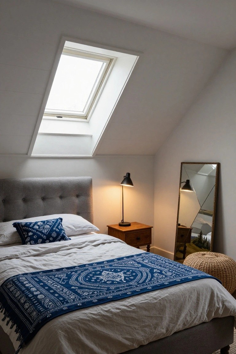 Attic bedroom with white sloped ceiling and skylight, gray upholstered bed draped in white sheets and blue patterned runner, wooden nightstand with black lamp, tall faceted mirror, and woven stool.