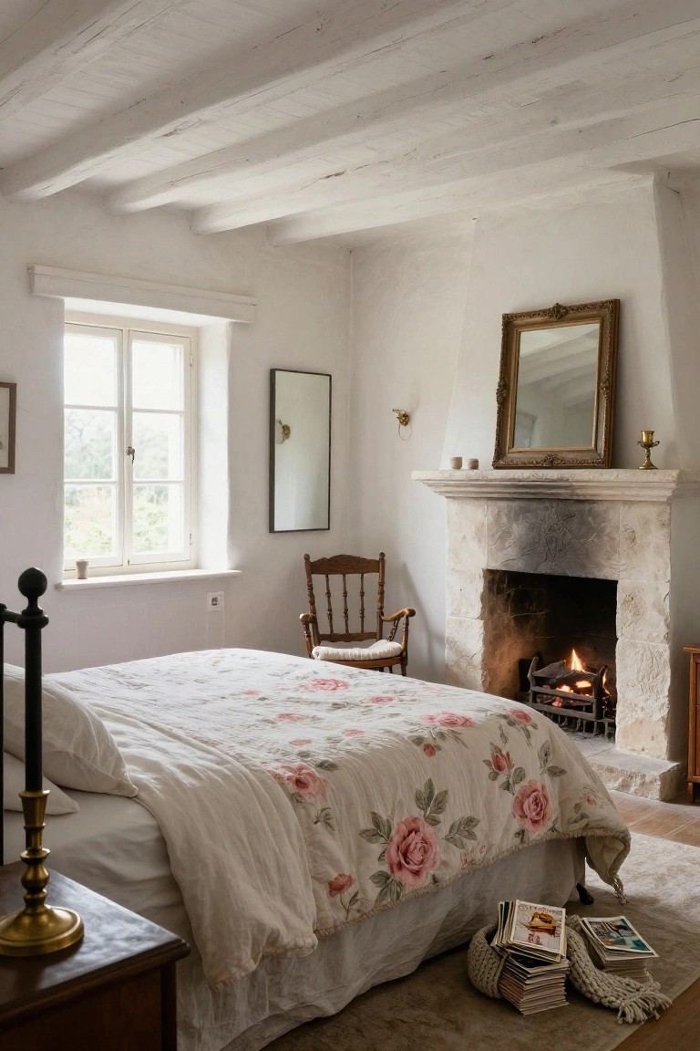 Cozy bedroom interior featuring white plaster walls, exposed wooden ceiling beams, lit stone fireplace with carved mantel, antique bed with floral quilt, wooden chair, mirrors, candles, and stacked books on the floor.