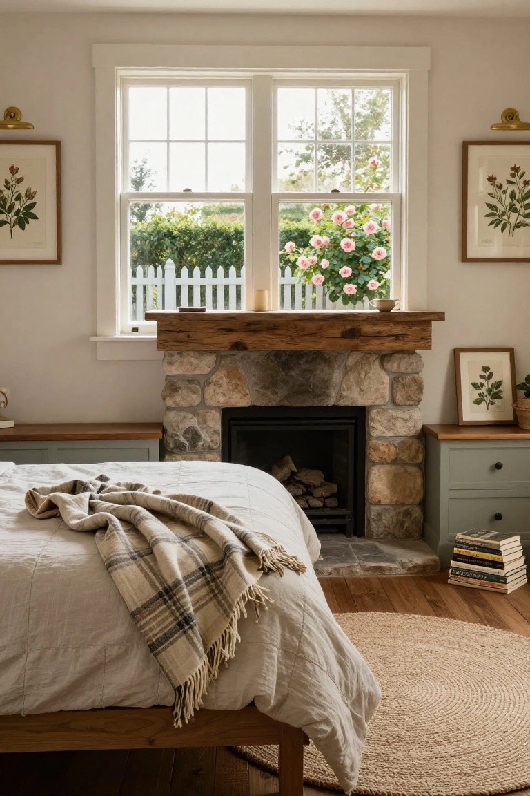 Bedroom with stone fireplace under wooden mantel, white bed with plaid throw blanket, green side tables holding books and plants, and large windows showing garden and white picket fence.