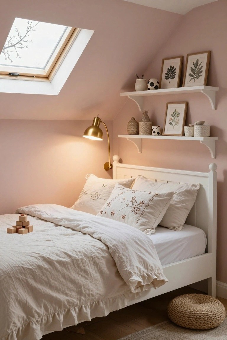 Attic bedroom with blush pink walls, white wooden bedframe with ruffled white bedding and wooden blocks on the bed, floating shelves holding ceramics and framed botanical prints, gold wall lamp, skylight overhead, and seagrass pouf on the floor.