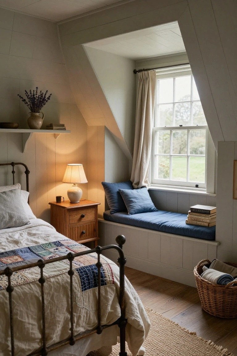 Attic bedroom with white sloped paneled walls and ceiling, iron bed with white linens and patchwork quilt, wooden nightstand with ceramic lamp, built-in blue cushioned window seat with stacked books under multipane window overlooking green fields, shelf with lavender vase and pottery, wicker basket on wooden floor.