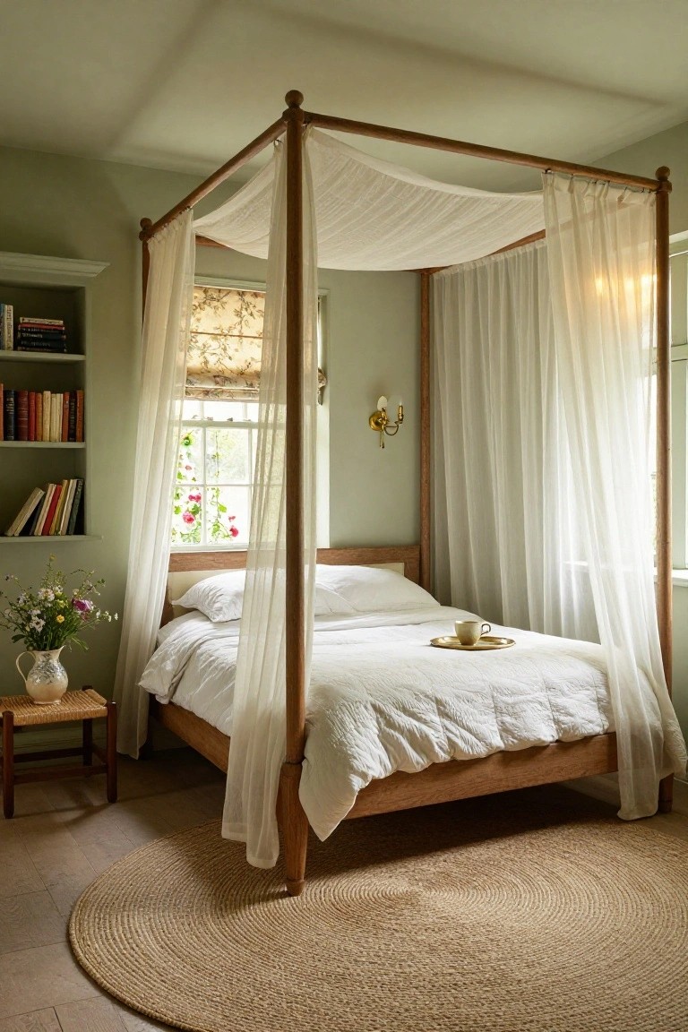 A sage green bedroom with a wooden four-poster bed draped in white sheer canopy fabric, white bedding, built-in bookshelves filled with books, a window with floral roman shade and sheer curtains, climbing plants outside the window, a vase of wildflowers on a side table, and a round seagrass rug on the floor.
