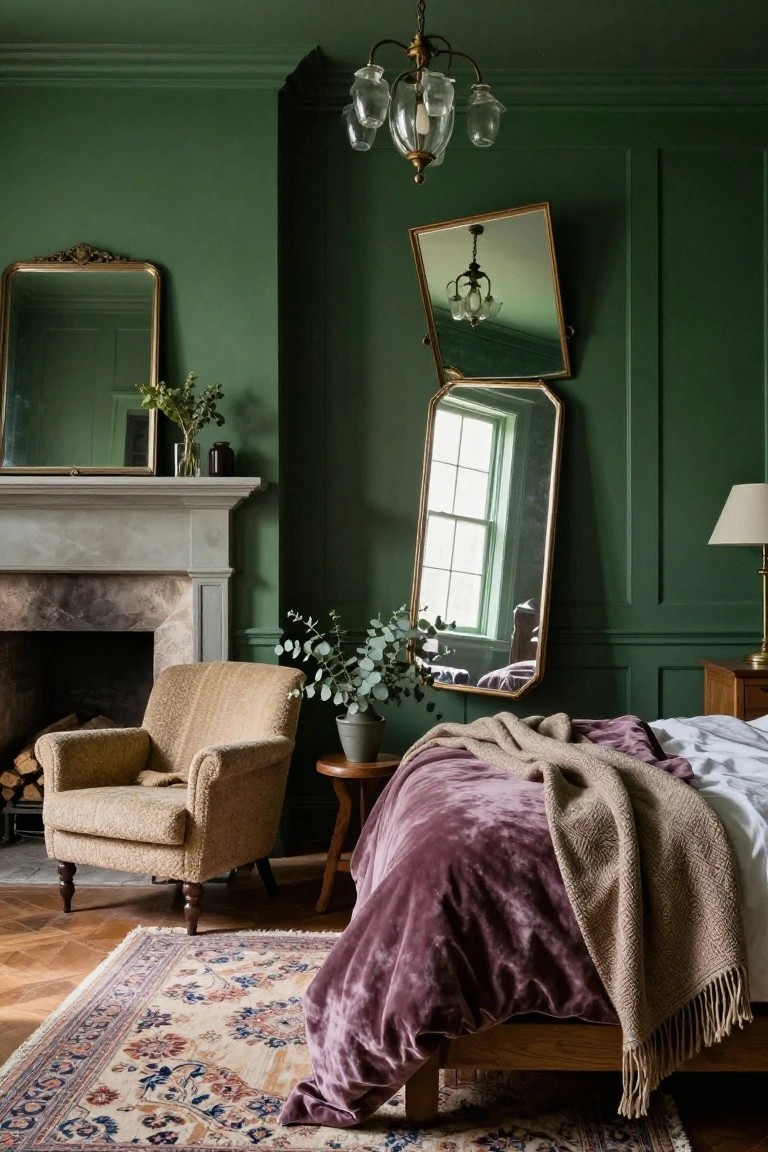 A bedroom with deep green paneled walls, marble fireplace, beige armchair by a small wood table with eucalyptus, multiple gold-framed mirrors, wooden bed with purple velvet duvet and beige throw, wooden nightstand with lamp, and patterned rug on wood floor.