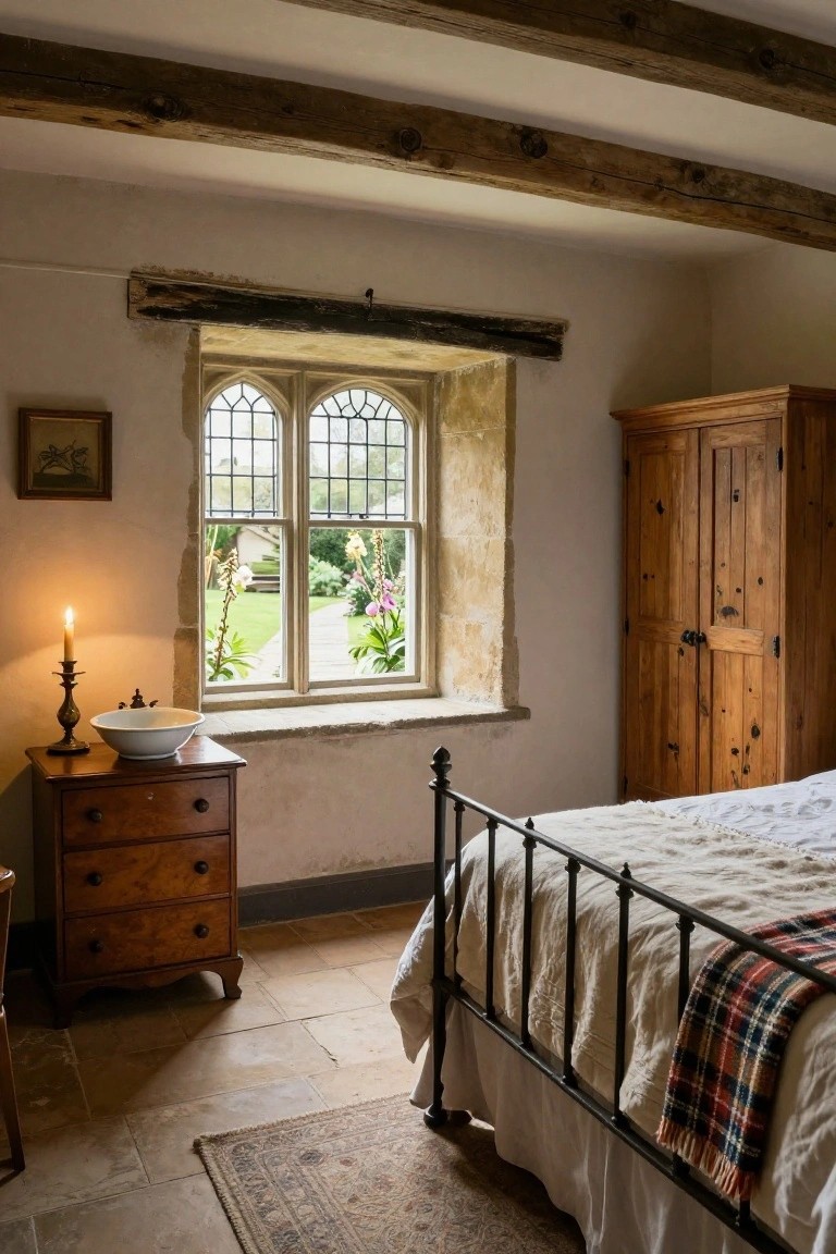 Cozy bedroom with exposed stone walls, wooden ceiling beams, arched leaded window overlooking garden, antique wooden dresser with candle and bowl, tall wooden wardrobe, and iron bed with white linens and plaid throw on terracotta tile floor.