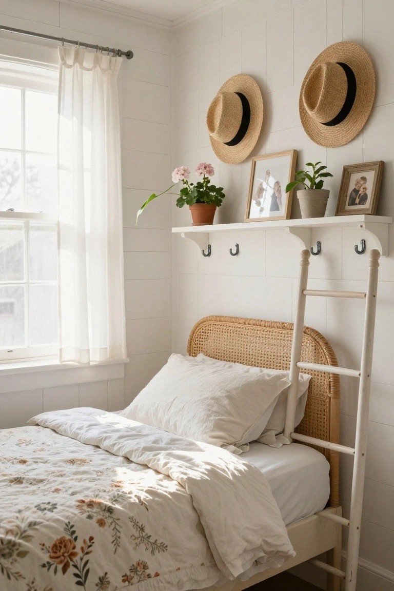 Bedroom interior with white shiplap walls, a single rattan headboard bed with white ladder-style side rails, floral-patterned quilt and pillows, sheer curtains on window, wall shelf holding plants photos and straw hats.