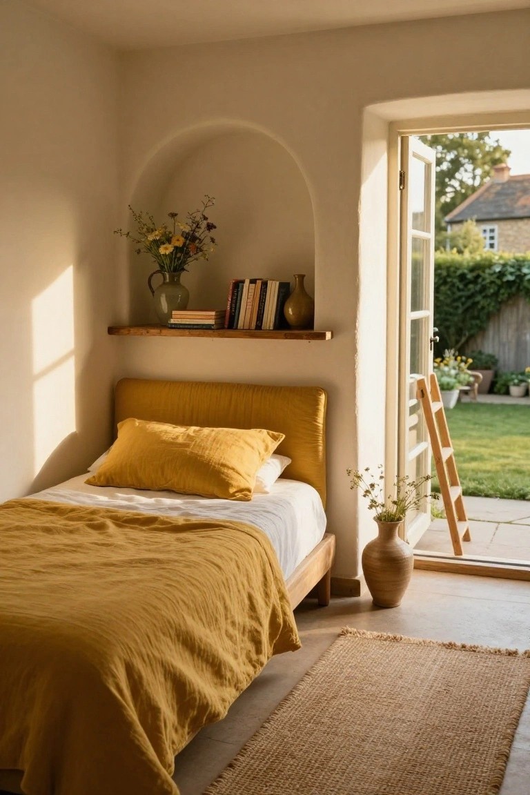 A small bedroom with mustard yellow linen bedding and upholstered headboard on a wooden bed frame, an arched wall niche shelf holding books and a vase of flowers, and open French doors revealing a garden patio with plants and a ladder.