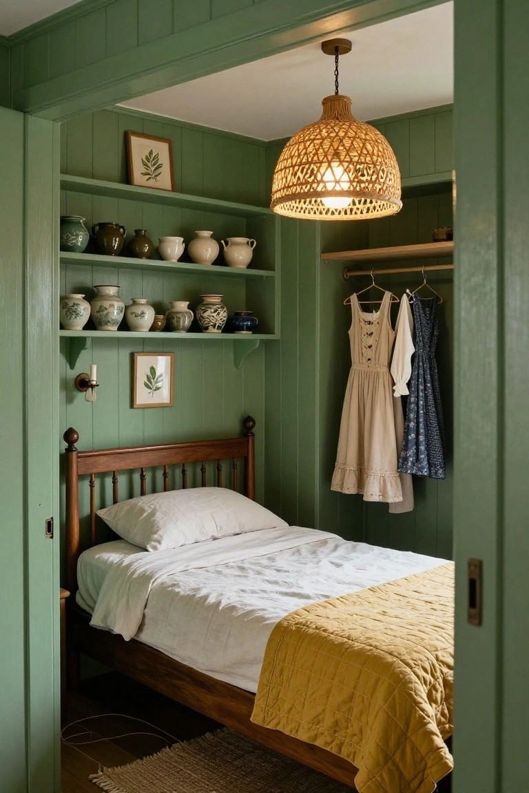 Small bedroom with sage green vertical paneled walls, open shelves holding assorted pottery jars, wooden rod hanging dresses, single wooden bed with white sheets and yellow quilt, rattan pendant light overhead, and woven rug on wood floor.