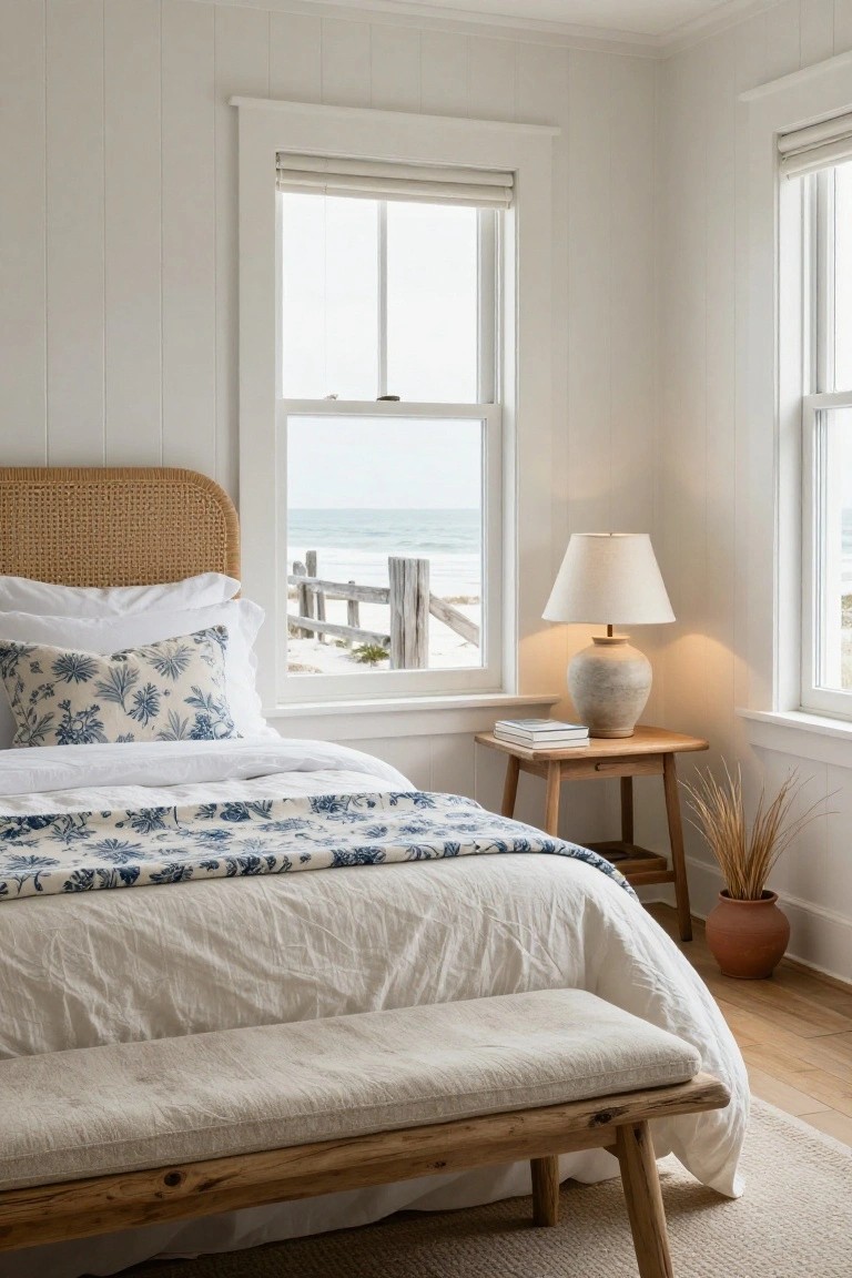 Bedroom with white shiplap walls, rattan headboard, white and blue floral bedding on a bed, wooden nightstand with ceramic lamp and books, potted grass, linen bench at bed foot, hardwood floor, and large windows showing beach, ocean, and wooden fence.