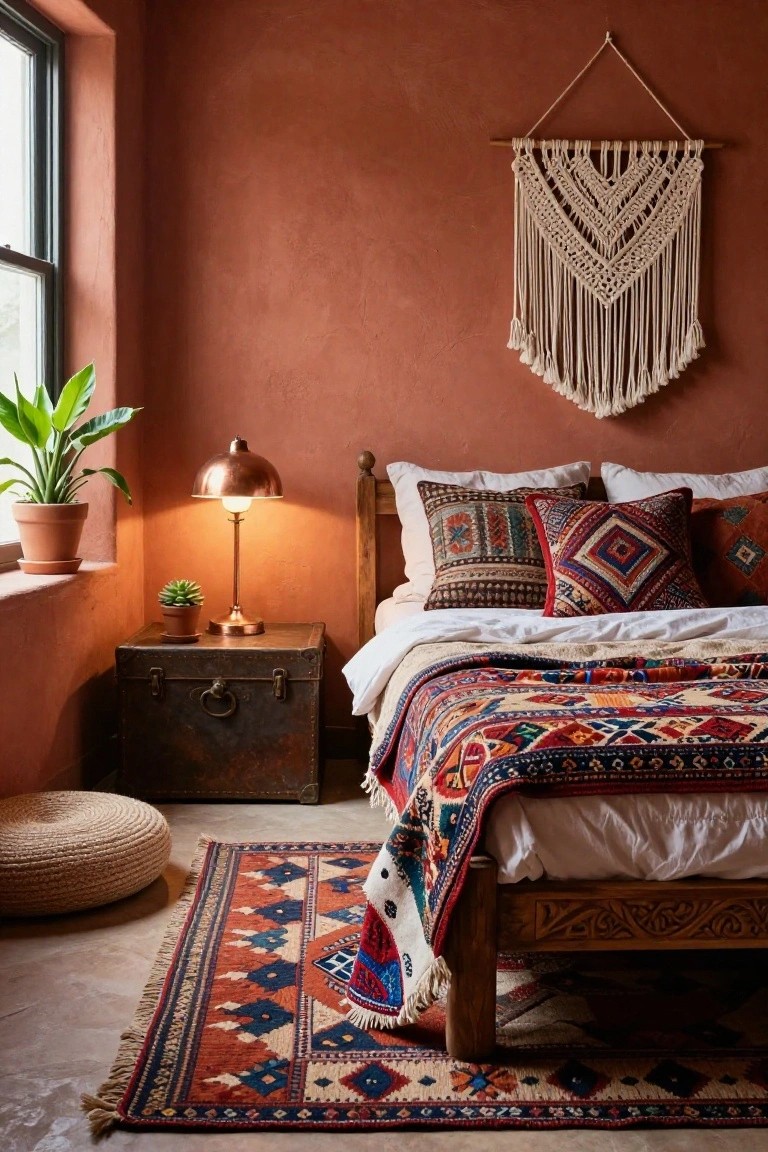 Bedroom interior with terracotta walls, wooden bed draped in colorful patterned blankets and pillows, white macrame wall hanging, potted plants, brass lamp on rusted metal trunk nightstand, and woven rug on terracotta floor.