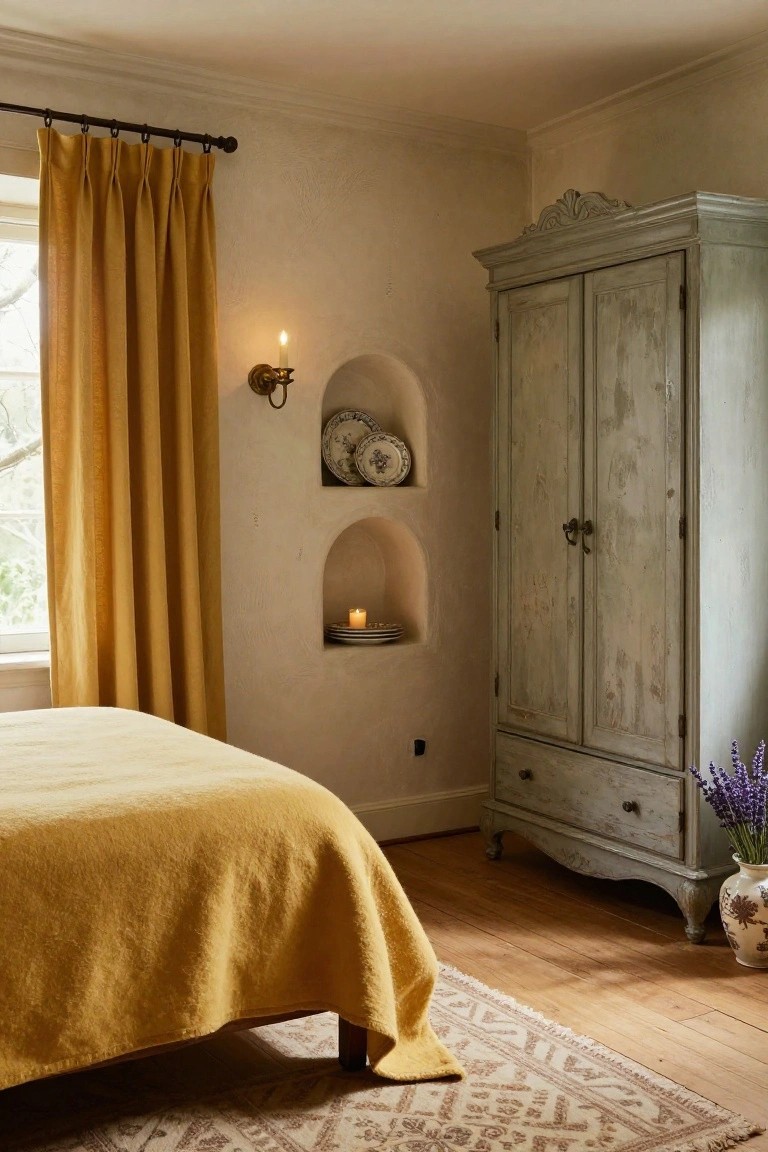 Bedroom corner with large gray painted armoire, mustard yellow curtains on window, bed with yellow throw, wall niches holding plates and candles, lavender vase on wood floor next to patterned rug.