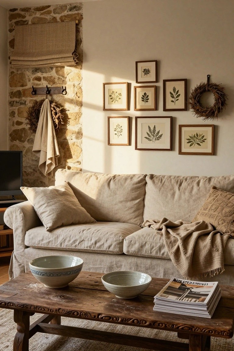 Cozy living room featuring beige linen slipcovered sofa, carved wood coffee table with white ceramic bowls and stacked magazines, exposed stone accent wall hung with multiple framed botanical leaf prints and dried wreaths, neutral tones with soft natural light.